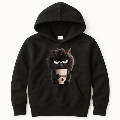 Funny Angry Black Cat Drinking Coffee Loves Coffee Pet Kids Hoodie