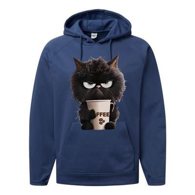 Funny Angry Black Cat Drinking Coffee Loves Coffee Pet Performance Fleece Hoodie