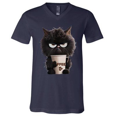 Funny Angry Black Cat Drinking Coffee Loves Coffee Pet V-Neck T-Shirt