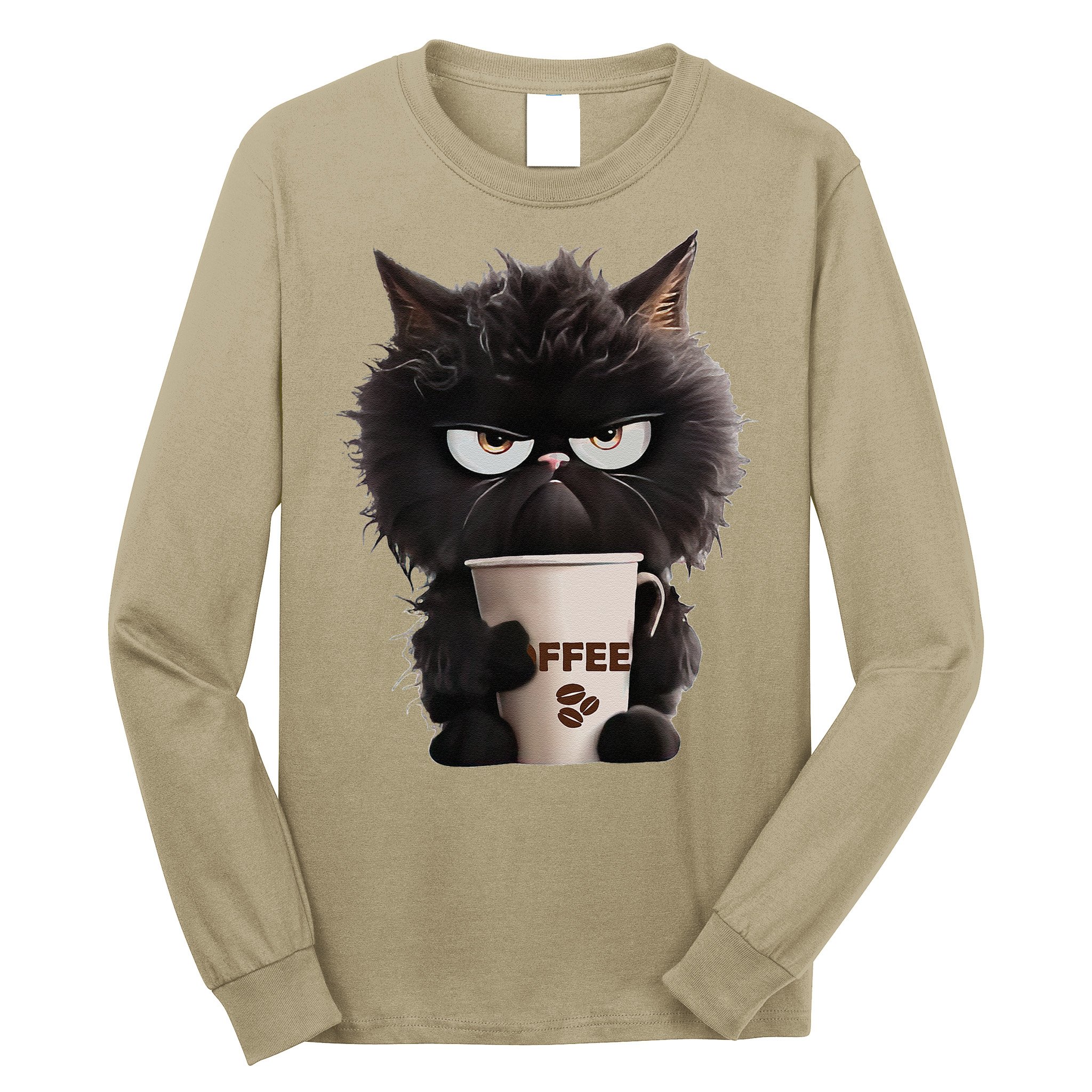 Funny Angry Black Cat Drinking Coffee Loves Coffee Pet Long Sleeve Shirt