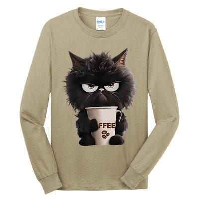 Funny Angry Black Cat Drinking Coffee Loves Coffee Pet Tall Long Sleeve T-Shirt