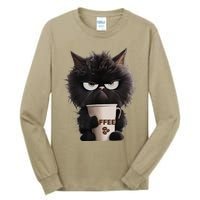 Funny Angry Black Cat Drinking Coffee Loves Coffee Pet Tall Long Sleeve T-Shirt