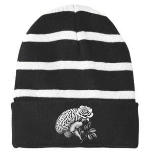 Floral Anatomical Brain Blooming Thoughts Striped Beanie with Solid Band