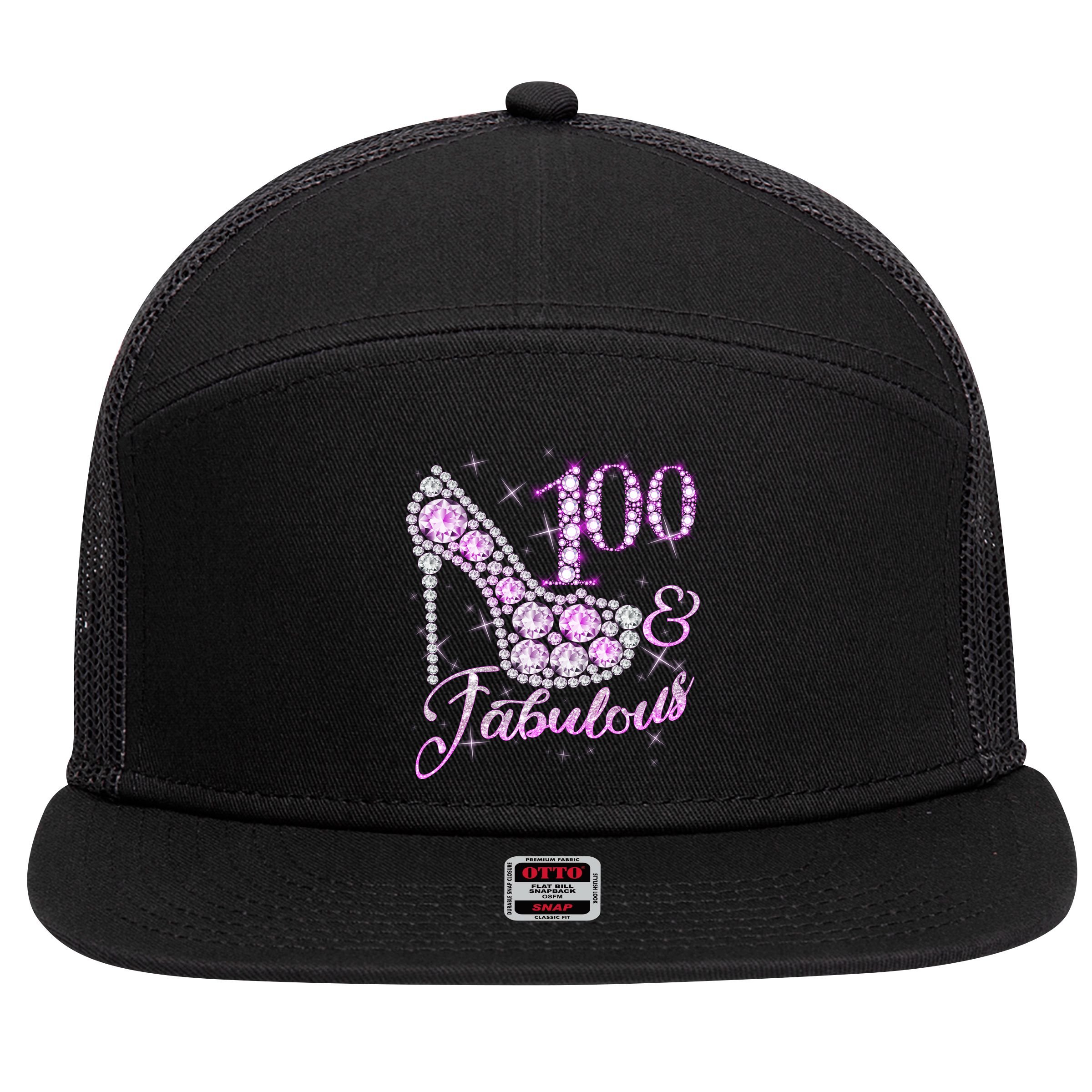 Fabulous & 100 Sparkly Shiny Heel 100th Birthday 7 Panel Mesh Trucker Snapback Hat