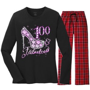 Fabulous & 100 Sparkly Shiny Heel 100th Birthday Women's Long Sleeve Flannel Pajama Set 