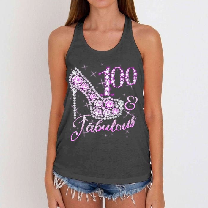 Fabulous & 100 Sparkly Shiny Heel 100th Birthday Women's Knotted Racerback Tank