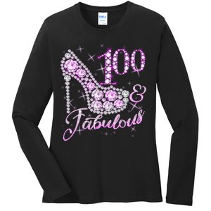 Fabulous & 100 Sparkly Shiny Heel 100th Birthday Ladies Long Sleeve Shirt