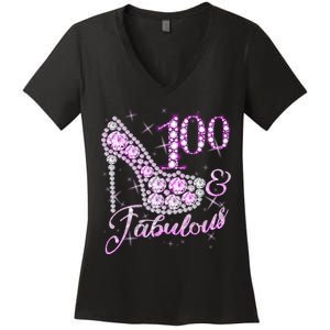 Fabulous & 100 Sparkly Shiny Heel 100th Birthday Women's V-Neck T-Shirt