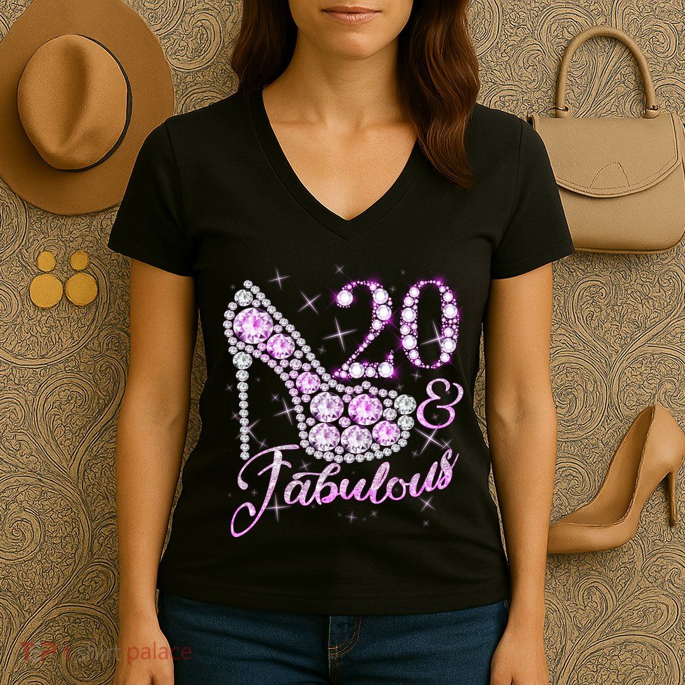 Fabulous & 20 Sparkly Shiny Heel 20th Birthday Women's V-Neck T-Shirt