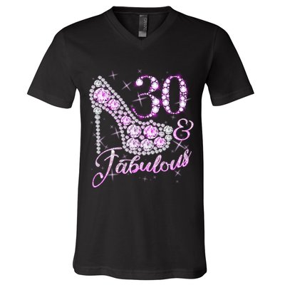 Fabulous & 30 Sparkly Shiny Heel 30th Birthday V-Neck T-Shirt