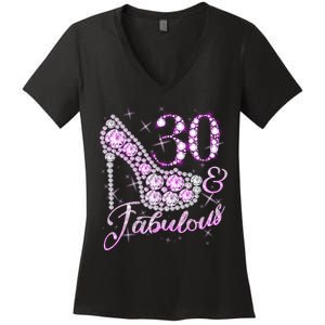 Fabulous & 30 Sparkly Shiny Heel 30th Birthday Women's V-Neck T-Shirt