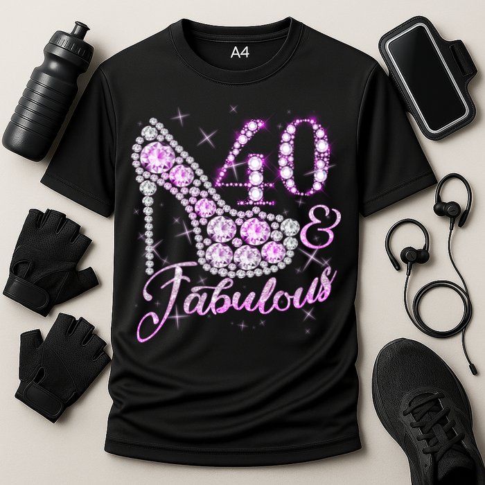 Fabulous & 40 Sparkly Shiny Heel 40th Birthday Cooling Performance Crew T-Shirt