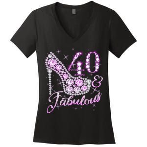 Fabulous & 40 Sparkly Shiny Heel 40th Birthday Women's V-Neck T-Shirt