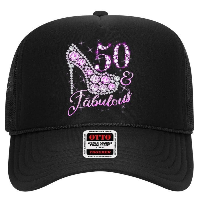 Fabulous & 50 Sparkly Shiny Heel 50th Birthday High Crown Mesh Back Trucker Hat