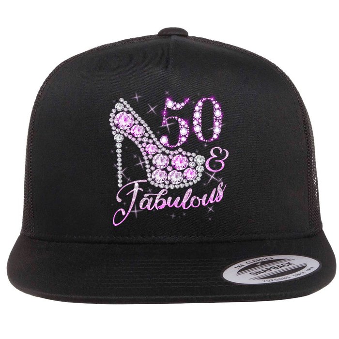 Fabulous & 50 Sparkly Shiny Heel 50th Birthday Flat Bill Trucker Hat