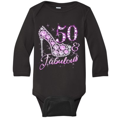 Fabulous & 50 Sparkly Shiny Heel 50th Birthday Baby Long Sleeve Bodysuit