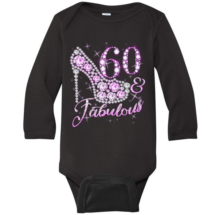 Fabulous & 60 Sparkly Shiny Heel 60th Birthday Baby Long Sleeve Bodysuit