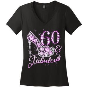 Fabulous & 60 Sparkly Shiny Heel 60th Birthday Women's V-Neck T-Shirt