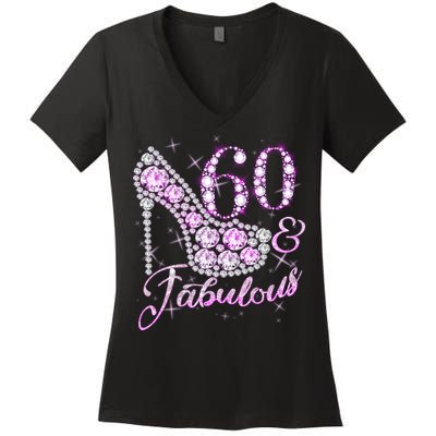 Fabulous & 60 Sparkly Shiny Heel 60th Birthday Women's V-Neck T-Shirt