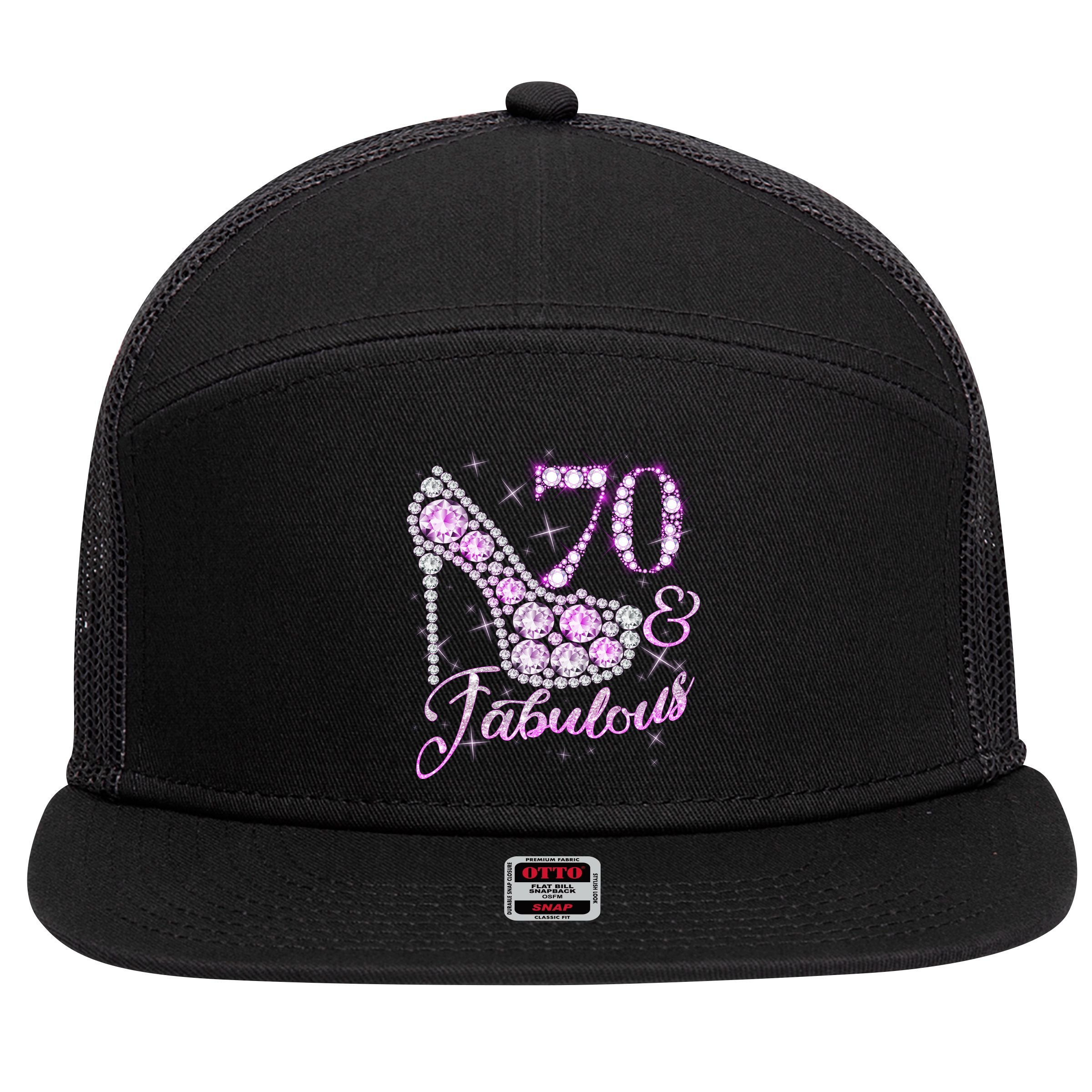 Fabulous & 70 Sparkly Shiny Heel 70th Birthday 7 Panel Mesh Trucker Snapback Hat