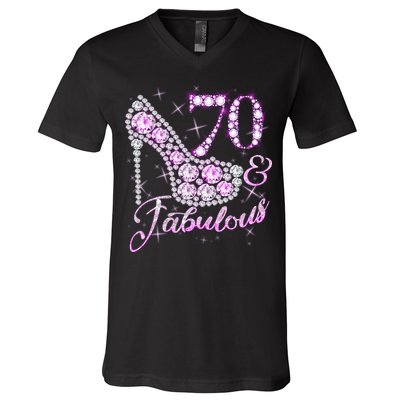 Fabulous & 70 Sparkly Shiny Heel 70th Birthday V-Neck T-Shirt