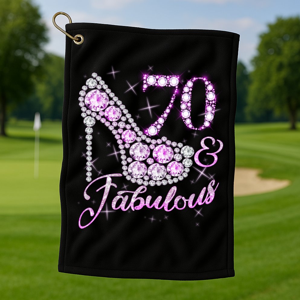 Fabulous & 70 Sparkly Shiny Heel 70th Birthday Golf Towel