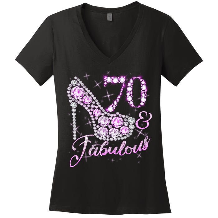 Fabulous & 70 Sparkly Shiny Heel 70th Birthday Women's V-Neck T-Shirt