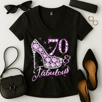 Fabulous & 70 Sparkly Shiny Heel 70th Birthday Women's V-Neck T-Shirt