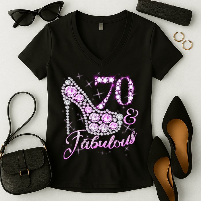 Fabulous & 70 Sparkly Shiny Heel 70th Birthday Women's V-Neck T-Shirt