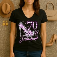 Fabulous & 70 Sparkly Shiny Heel 70th Birthday Women's V-Neck T-Shirt