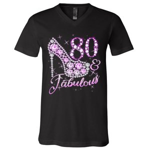 Fabulous & 80 Sparkly Shiny Heel 80th Birthday V-Neck T-Shirt