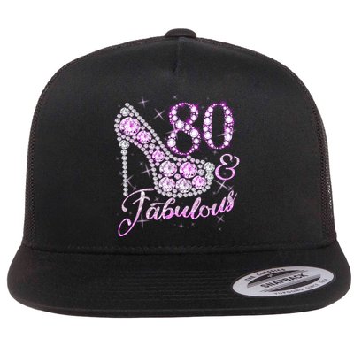 Fabulous & 80 Sparkly Shiny Heel 80th Birthday Flat Bill Trucker Hat