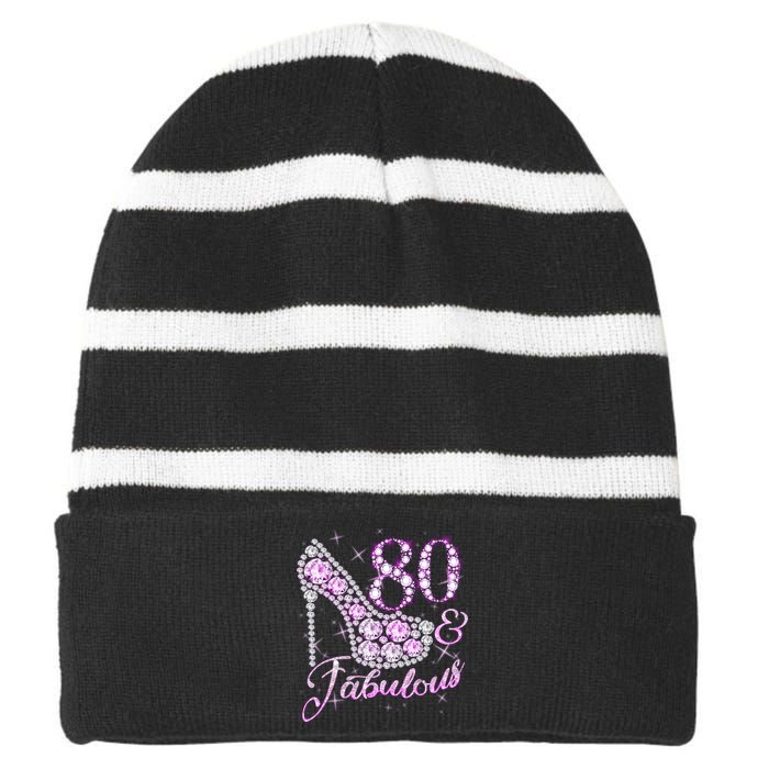 Fabulous & 80 Sparkly Shiny Heel 80th Birthday Striped Beanie with Solid Band