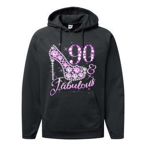 Fabulous & 90 Sparkly Shiny Heel 90th Birthday Performance Fleece Hoodie