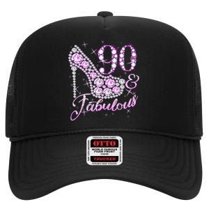 Fabulous & 90 Sparkly Shiny Heel 90th Birthday High Crown Mesh Back Trucker Hat