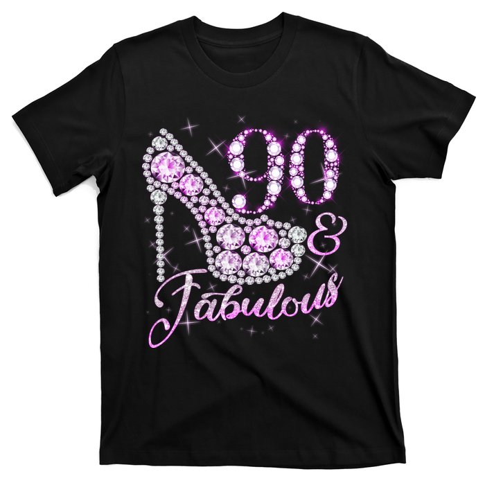 Fabulous & 90 Sparkly Shiny Heel 90th Birthday T-Shirt