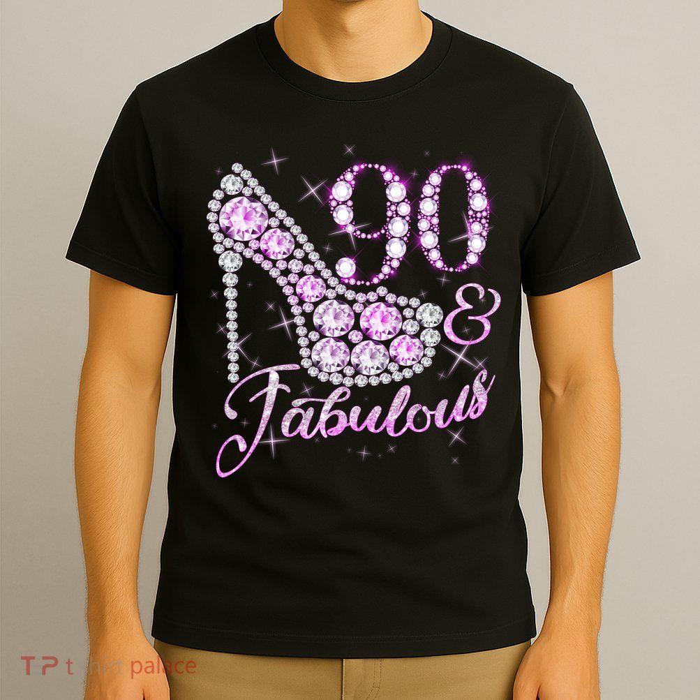 Fabulous & 90 Sparkly Shiny Heel 90th Birthday T-Shirt