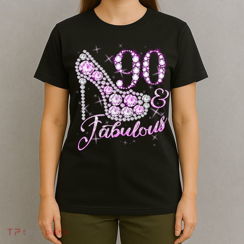 Fabulous & 90 Sparkly Shiny Heel 90th Birthday T-Shirt
