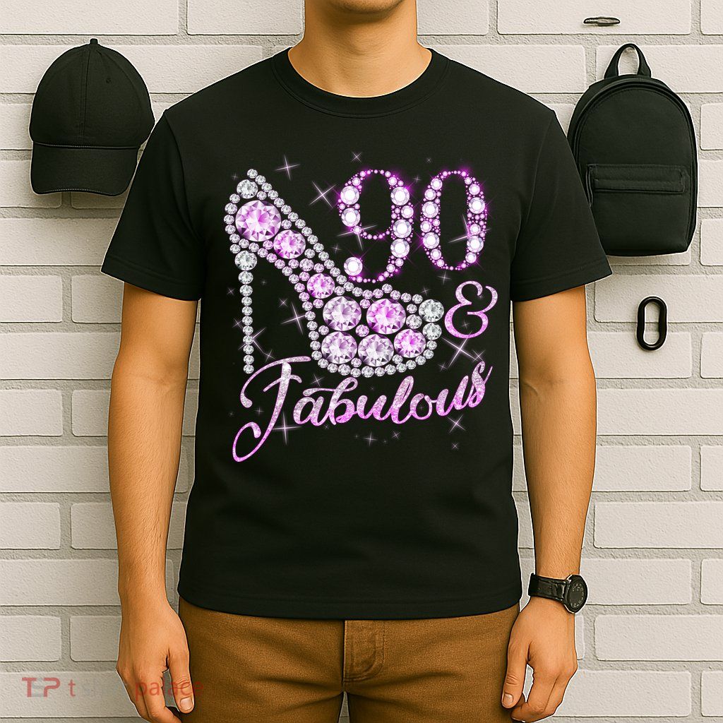 Fabulous & 90 Sparkly Shiny Heel 90th Birthday T-Shirt