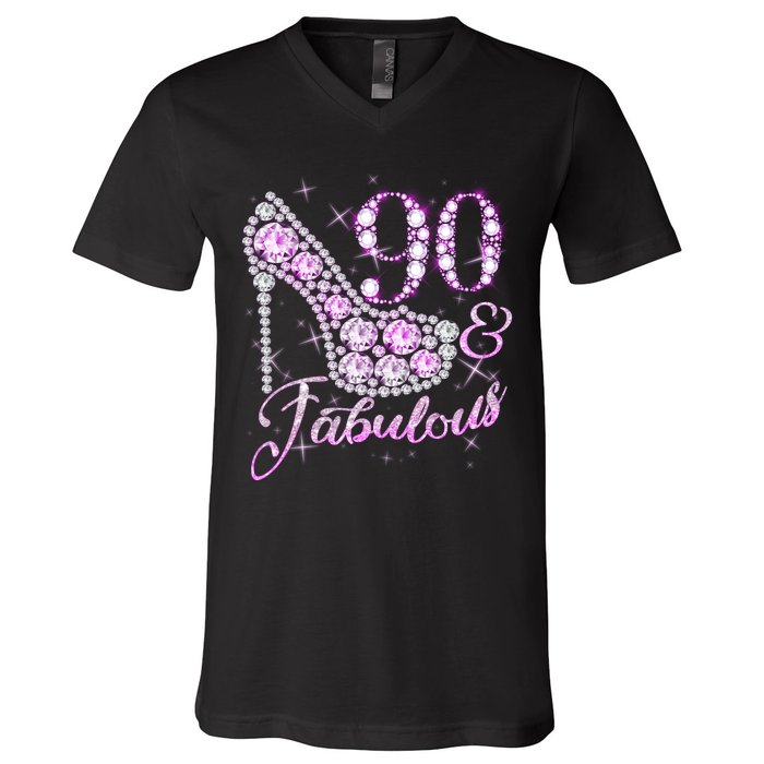 Fabulous & 90 Sparkly Shiny Heel 90th Birthday V-Neck T-Shirt