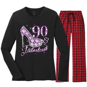 Fabulous & 90 Sparkly Shiny Heel 90th Birthday Women's Long Sleeve Flannel Pajama Set 