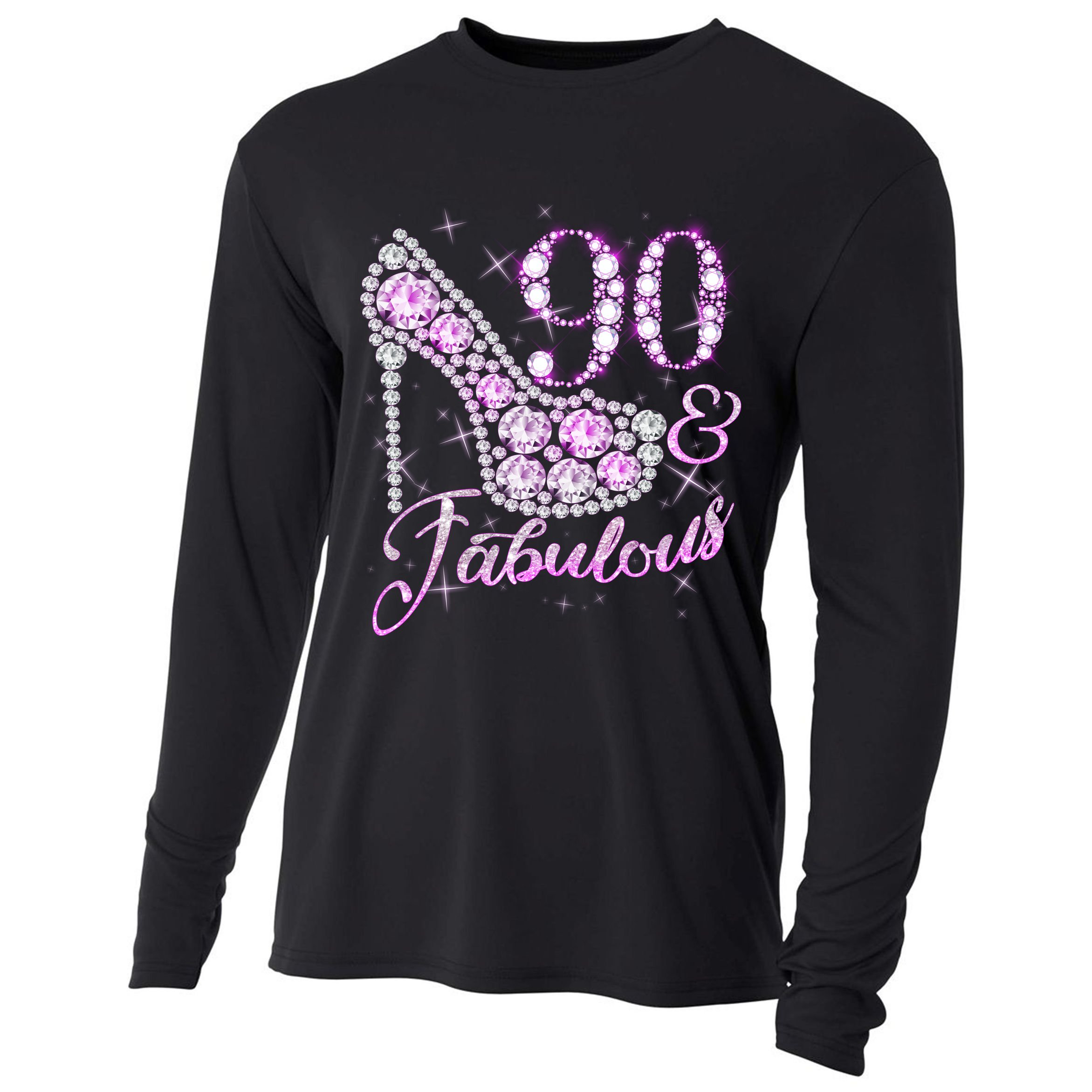 Fabulous & 90 Sparkly Shiny Heel 90th Birthday Cooling Performance Long Sleeve Crew
