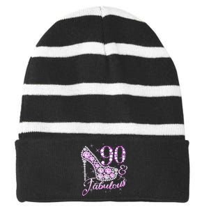 Fabulous & 90 Sparkly Shiny Heel 90th Birthday Striped Beanie with Solid Band