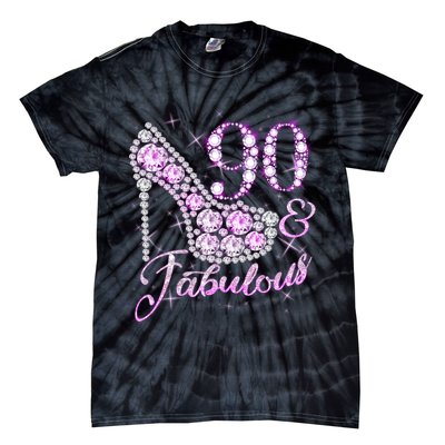 Fabulous & 90 Sparkly Shiny Heel 90th Birthday Tie-Dye T-Shirt