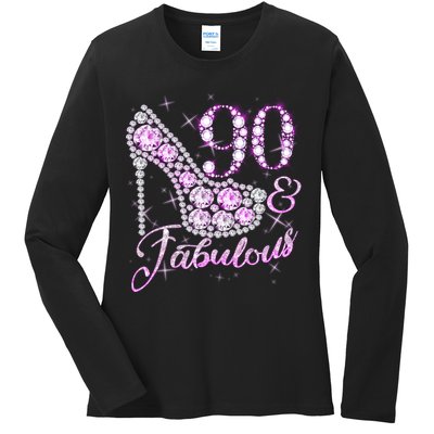 Fabulous & 90 Sparkly Shiny Heel 90th Birthday Ladies Long Sleeve Shirt