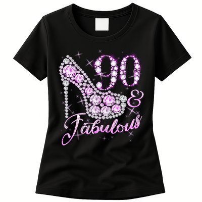 Fabulous & 90 Sparkly Shiny Heel 90th Birthday Womens T-Shirt