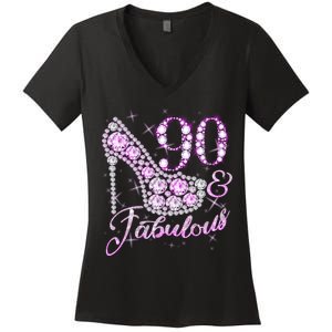 Fabulous & 90 Sparkly Shiny Heel 90th Birthday Women's V-Neck T-Shirt