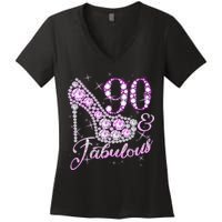 Fabulous & 90 Sparkly Shiny Heel 90th Birthday Women's V-Neck T-Shirt