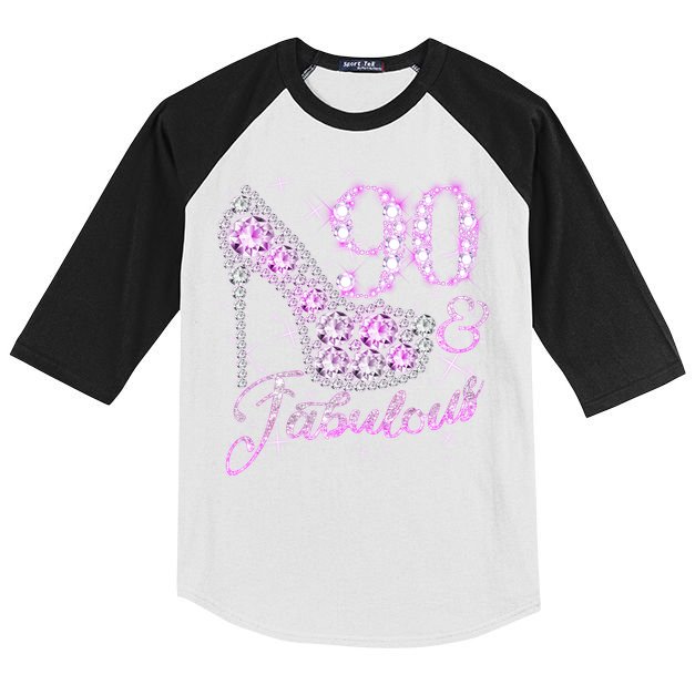 Fabulous & 90 Sparkly Shiny Heel 90th Birthday Kids Colorblock Raglan Jersey