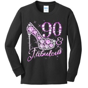 Fabulous & 90 Sparkly Shiny Heel 90th Birthday Kids Long Sleeve Shirt